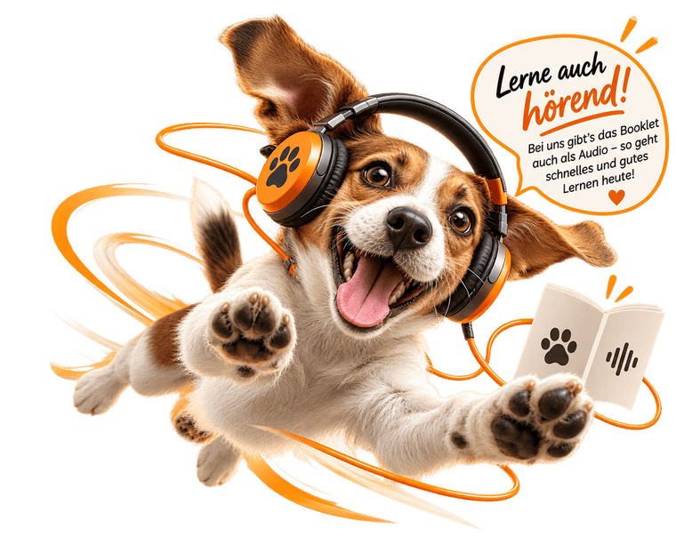 Springender Hund mit Kopfh&ouml;rern und aufgeschlagenem Booklet. Lerne auch h&ouml;rend: Bei Darling Dogs gibt es das Theorie-Booklet auch als Audio.